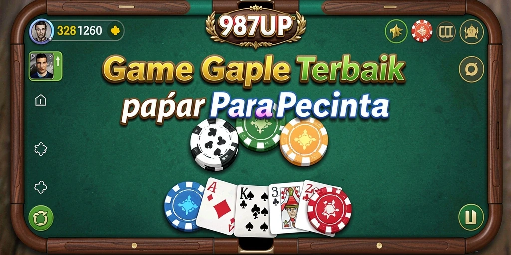 Tampilan utama 987UP yang menarik dengan gameplay Gaple yang seru.