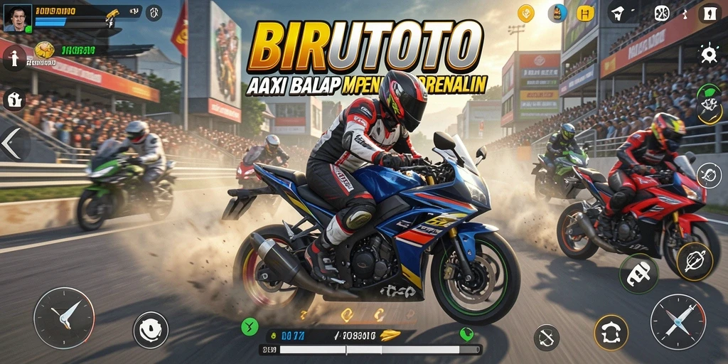 Screenshot gameplay BIRUTOTO menampilkan aksi balap motor yang mendebarkan.