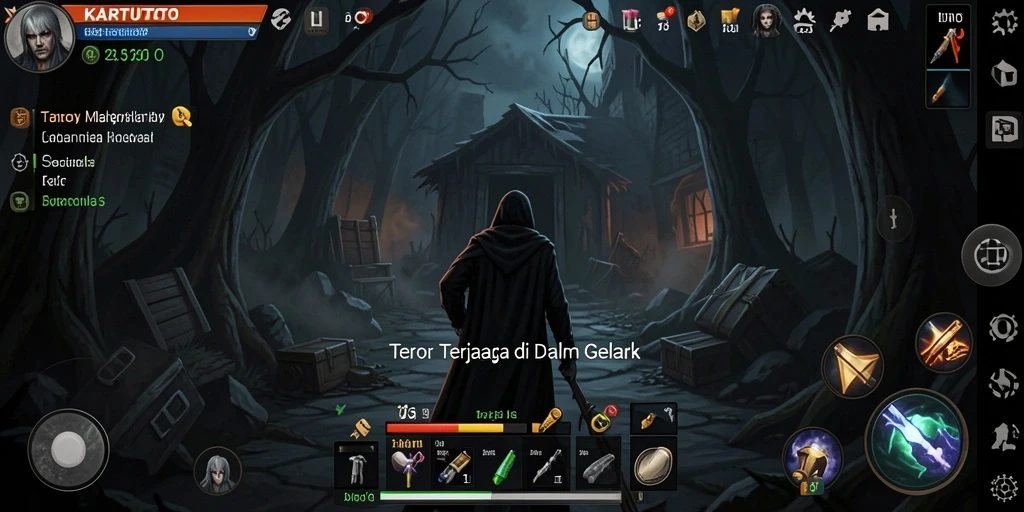 Screenshot gameplay KARTUTOTO yang menampilkan suasana mencekam dan makhluk menyeramkan.