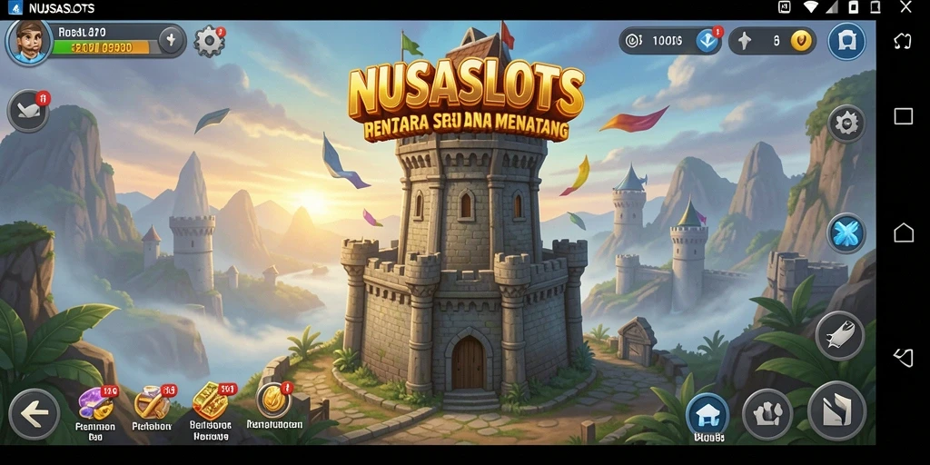 Tampilan gameplay seru di NUSASLOTS menampilkan pertarungan menara melawan gelombang musuh.