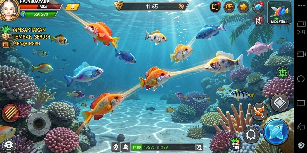 Gameplay seru dari game Tembak Ikan RAJABUAYA89 dengan ikan yang bervariasi.