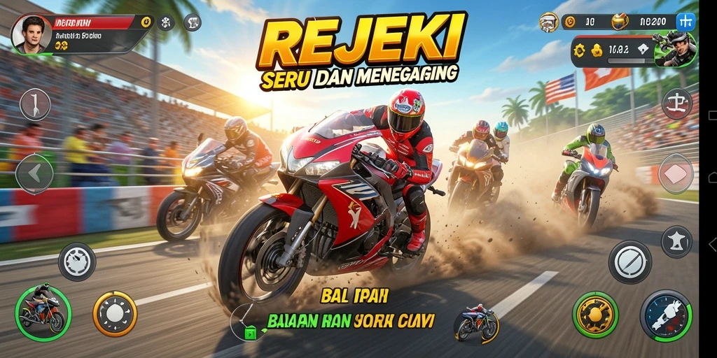 Tampilan balapan seru di <strong>REJEKI</strong> dengan motor cepat dan lintasan menantang.