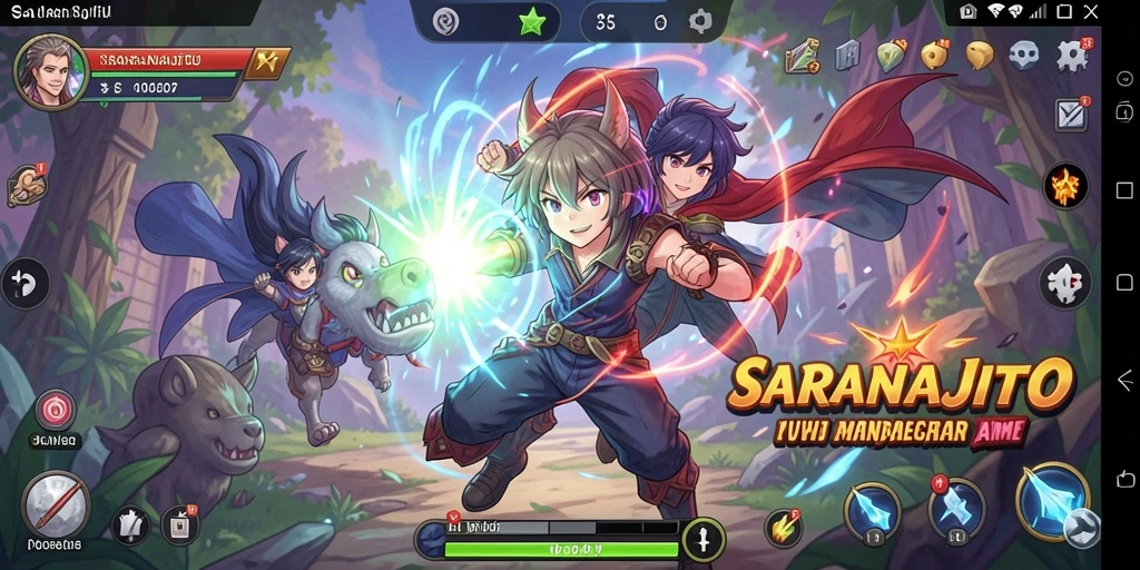 Screenshot menunjukkan karakter-karakter dari SARANAJITU dalam aksi seru.