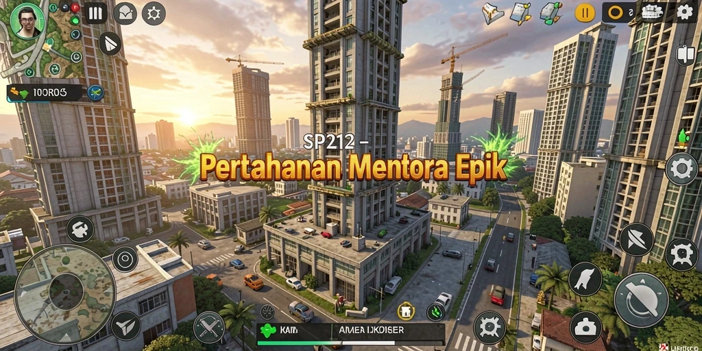 Tangkapan layar gameplay SP212 dengan menara dan musuh yang menyerang.